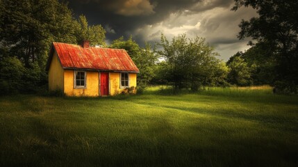 Obraz premium Vibrant Rural Home with Warm Light and High Contrast