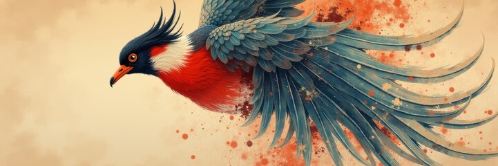 Fototapeta premium A vibrant, stylized bird in flight, showcasing bright colors and dynamic feathers. Perfect for artistic, nature-themed designs or environmental projects.