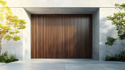 Fototapeta premium Minimalist solid timber gate with vertical grooves and a seamless edge, framed by a concrete facade, leading to a luxury eco-friendly residence