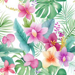 Watercolor art of a tropical floral arrangement featuring heliconias and lush palm fronds