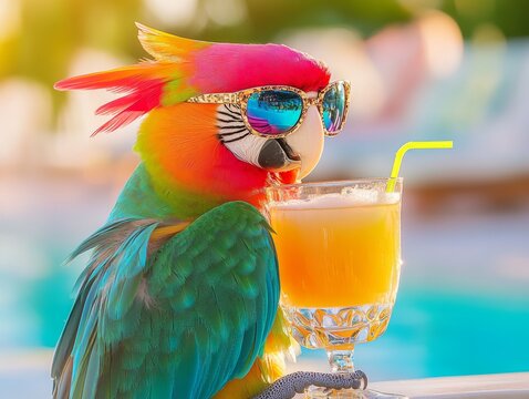 A brightly colored parrot sporting trendy sunglasses cools off with a tropical drink at a sunny location, exuding positivity, relaxation, and summer fun.