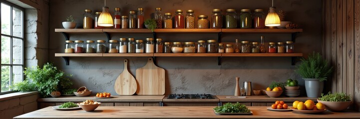Cozy kitchen with wooden shelves displaying jars and fresh produce, perfect for culinary inspiration and home cooking.