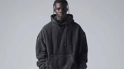 black model with black jacket, curly hair tied up