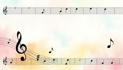 Gentle music notes float on soft watercolor background. Pastel colors create tranquil, elegant design. Delicate melody pattern. Abstract art illustration. Minimalist design. Smooth texture. Flowing