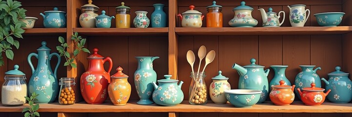 A beautifully arranged display of colorful ceramic pots, jars, and utensils on a wooden shelf, perfect for home decor, kitchen inspiration, or artisanal food concepts.