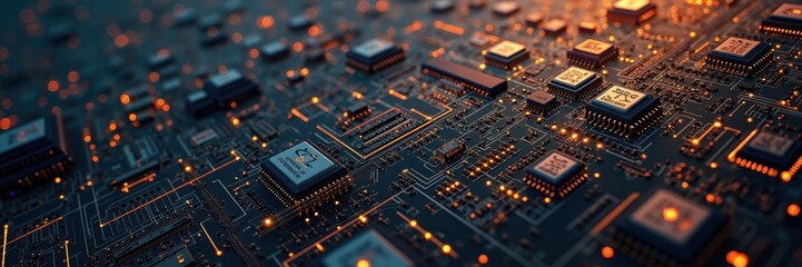 Obraz premium A close-up view of a high-tech circuit board, showcasing intricate details of microchips and connections, ideal for technology, innovation, and digital business themes.