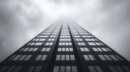Fototapeta premium black and white background, office building with clouds, abstract architecture background, skyscrapers in the city, skyscraper in the sky