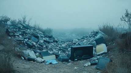 Abandoned Electronics at a Landfill Under Overcast Skies