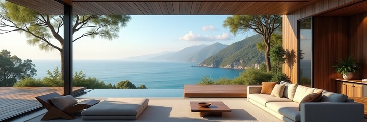 Naklejka premium Stunning modern living space with panoramic ocean views. Perfect for showcasing luxury real estate, interior design, or vacation rentals.