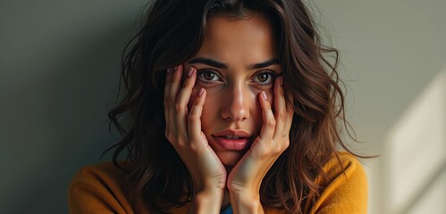 A close-up of a woman expressing concern and vulnerability, perfect for projects focused on mental health, emotions, or personal struggle.