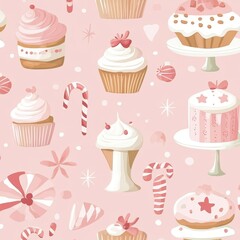 A charming seamless pattern of Christmas sweets on a pink backdrop, including adorable candies,...