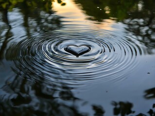 a heart-shaped ripple in dark water at sunset, creating a romantic and tranquil scene