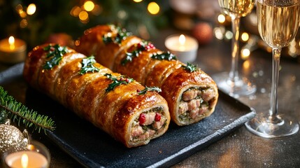 Surrounded by a variety of dishes and snacks, the Christmas dinner table was set against a backdrop of festive New Year's decorations and a grand Christmas tree.
