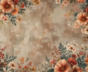 Distressed fabric banner with floral patterns, torn edges, and earthy tones ,  foliage,  leaves