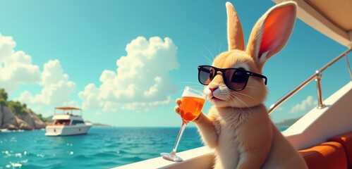 A whimsical rabbit wearing sunglasses enjoys a cocktail on a sunny boat, perfect for summer vibes, fun marketing campaigns, or children's products.
