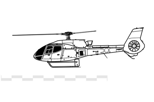 Airbus Helicopters H130. Eurocopter EC130. Vector drawing of light utility helicopter. Side view. Image for illustration and infographics.