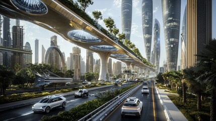 Fototapeta premium Futuristic cityscape featuring elevated transportation and modern architecture in a vibrant urban environment