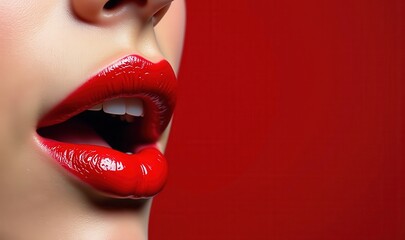 Obraz premium Close-up of beautifully painted red lips on a striking red background, perfect for beauty and cosmetics marketing, fashion campaigns, or lifestyle content.