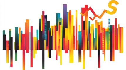 Obraz premium Abstract colorful cityscape graphic with upward trend line and dollar sign, representing financial growth and urban development.