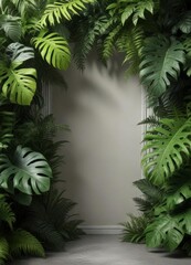 Obraz premium Exotic tropical leaves frame with large philodendron and ferns, garden, green