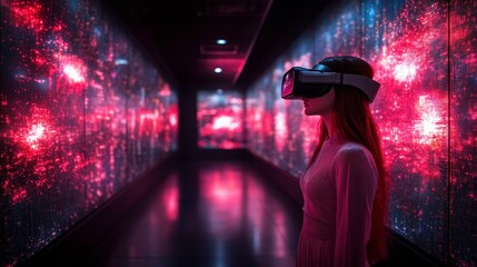 Young woman experiencing immersive virtual reality technology in a futuristic environment with glowing digital patterns and vibrant colors in a dimly lit hallway