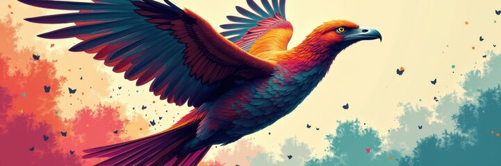 Obraz premium A vibrant and artistic depiction of a bird in flight, symbolizing freedom and creativity, perfect for projects related to nature, art, and inspiration.