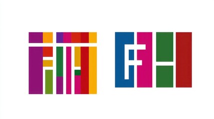 Abstract colorful geometric designs featuring letter F.