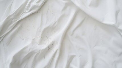 Stains on crumpled white bed sheets in a bright room during daylight hours
