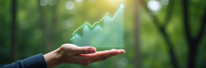 A hand holding a transparent, upward-trending graph symbolizing growth and success in a natural environment, perfect for business, finance, and sustainability concepts.