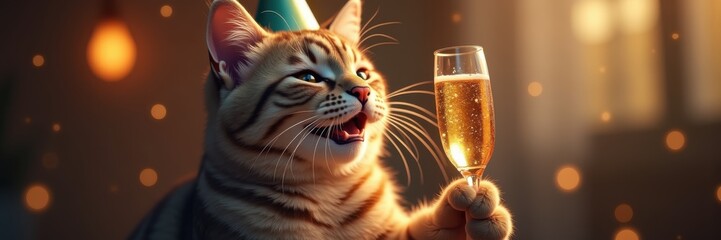 A cheerful cat in a party hat toasting with a glass of champagne, embodying joy and celebration, perfect for festive events and pet-related themes.