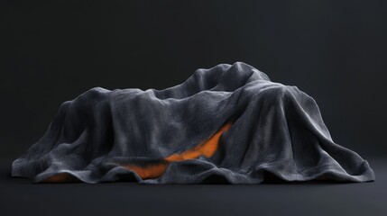 Partially revealed orange object under grey fabric on dark background.