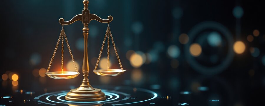Golden scales of justice symbolize fairness, equality in employment law. Legal principles ensure ethical treatment of employees. Concept focuses on compliance in workplace. Image highlights employee