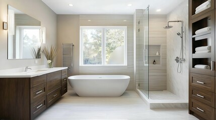 Bathroom cabinet storage. A modern bathroom featuring a freestanding tub, walk-in shower, ample storage, and natural light from a large window, creating a serene and stylish space.