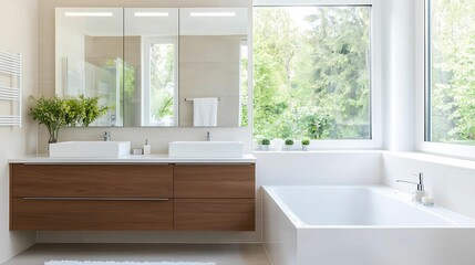 Fototapeta premium Bathroom cabinet storage. A modern, bright bathroom featuring a double sink vanity, large mirrors, a bathtub, and a window with greenery outdoors.