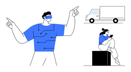 Man using virtual reality headset and gesturing, a woman with a digital tablet, and a delivery truck. Ideal for technology, logistics, virtual reality, mobile devices, delivery services, digital