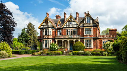 Fototapeta premium A beautifully restored Victorian mansion featuring large bay windows, intricate woodwork, and a manicured garden, exuding charm and elegance in every detail.
