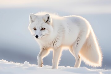 Obraz premium An Arctic Fox Walks Gracefully Through a Pristine Snowy Landscape, Showcasing Its Striking White Fur Against the Winter Backdrop