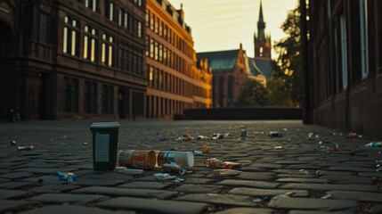 Obraz premium Litter Scattered Near Historic Monument at Sunrise