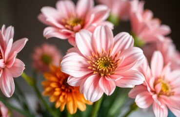 Close-up view of beautiful pink flowers with green stems. Soft focus on delicate petals. Flower arrangement in home interior design. Floral design for home decor. Beautiful natural bloom in garden.
