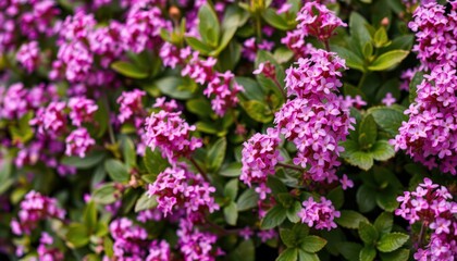 Obraz premium Vibrant pink flowers bloom in clusters amidst green foliage. Beautiful floral display ideal for garden design. Springtime natural beauty outdoors. Closeup view of vibrant colours. Ground cover floral