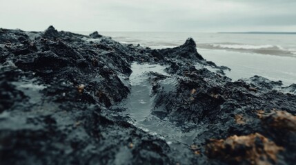 Fototapeta premium Rocky Shores with Ocean Waves Under Overcast Skies