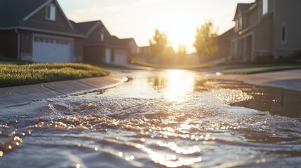 Obraz premium Suburban Street Overflow in Bright Daylight