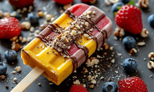Delicious triple-layered popsicle with chocolate and nuts on a dark background, surrounded by fresh berries and nuts.