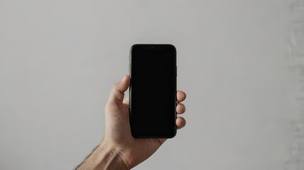 Man hand holding the black smartphone with blank screen and modern frameless design three positions angled, vertical and horizontal - isolated on white background