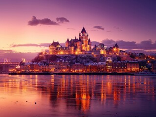 Obraz premium A stunning view of Château Frontenac Hotel illuminated at sunset, reflecting in the calm waters of St. Lawrence River, with a vibrant sky backdrop.