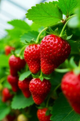 many strawberry bushes with large ripe red berries in a large warm polycarbonate greenhouse