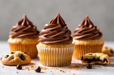 chocolate cupcakes with swirled frosting and cookies on light background. dessert , bakery promotion, recipe poster. sweet treats for celebrations and parties.