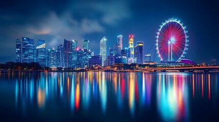 Nighttime Singapore Skyline Featuring Illuminated Buildings and Ferris Wheel