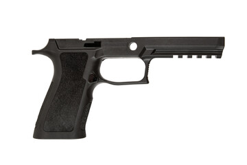 Black polymer pistol frame, isolated on white background.