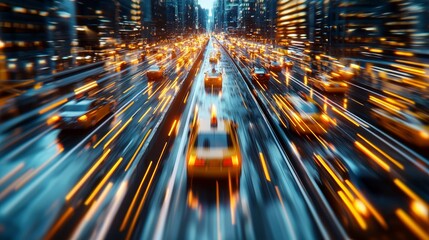 New York street scene with cars in motion blur, illuminated cityscape, dense urban atmosphere, spacious top area for text, digital art realism